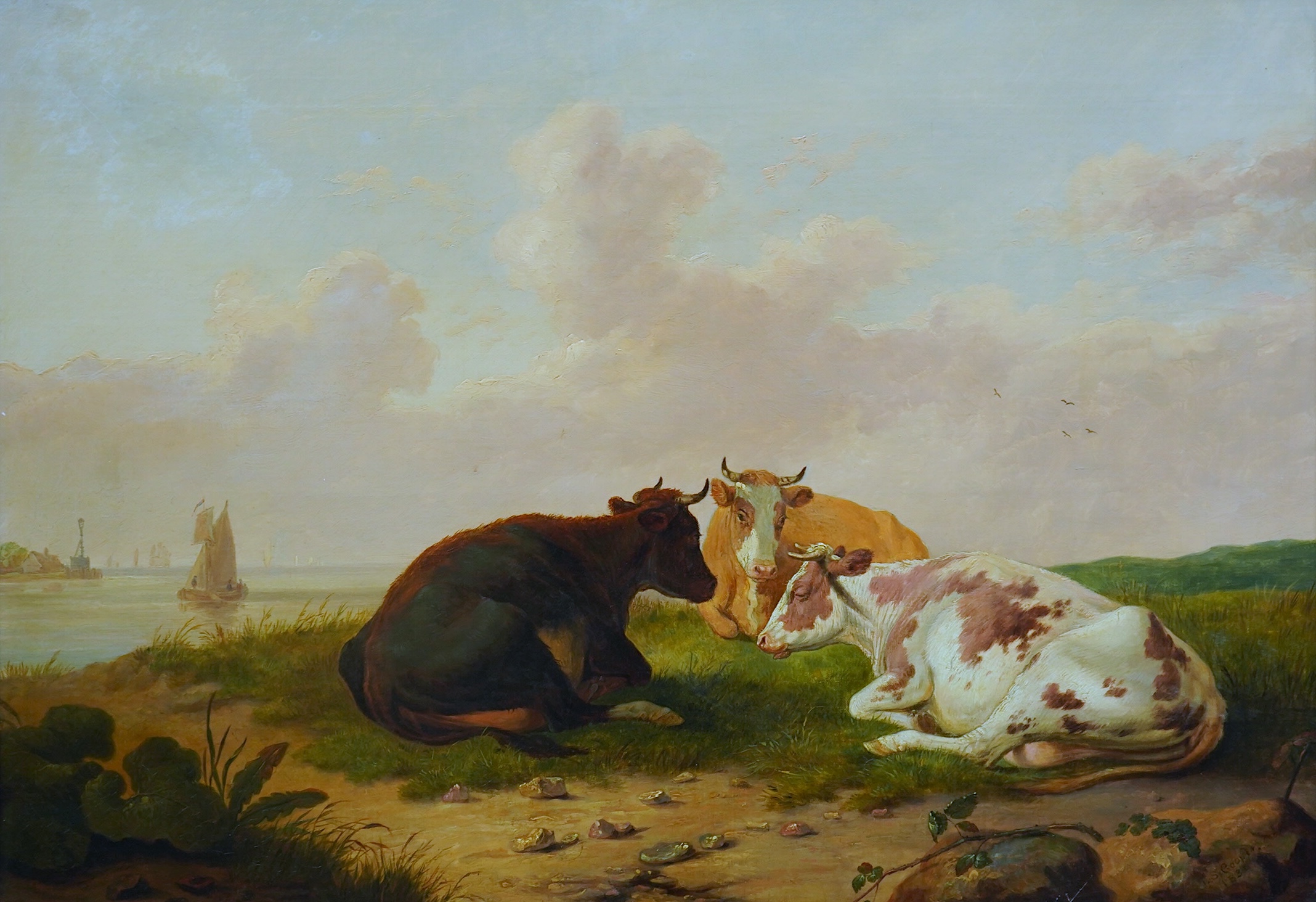 Thomas Sydney Cooper (English, 1803-1902), Cattle resting in a coastal meadow, oil on canvas, 50 x 71cm